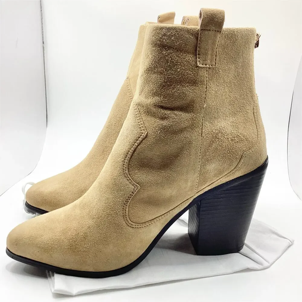 Revolve Raye Ella Tan Suede Heeled Western Ankle Cowboy Boot 9 NEW